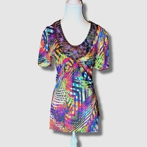 Funky Women’s Large‎ Tee Rave Festival Animal Print psychedelic Sparkle Lace Y2K